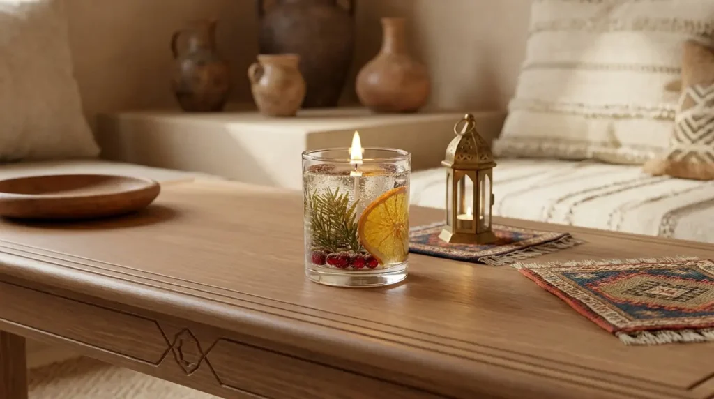 Cire bougie transparente dans un verre décoratif avec fruits et ambiance chaleureuse